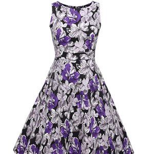 Purple Vintage 1950's Floral Spring Garden Party Picnic Cocktail Dress Size L